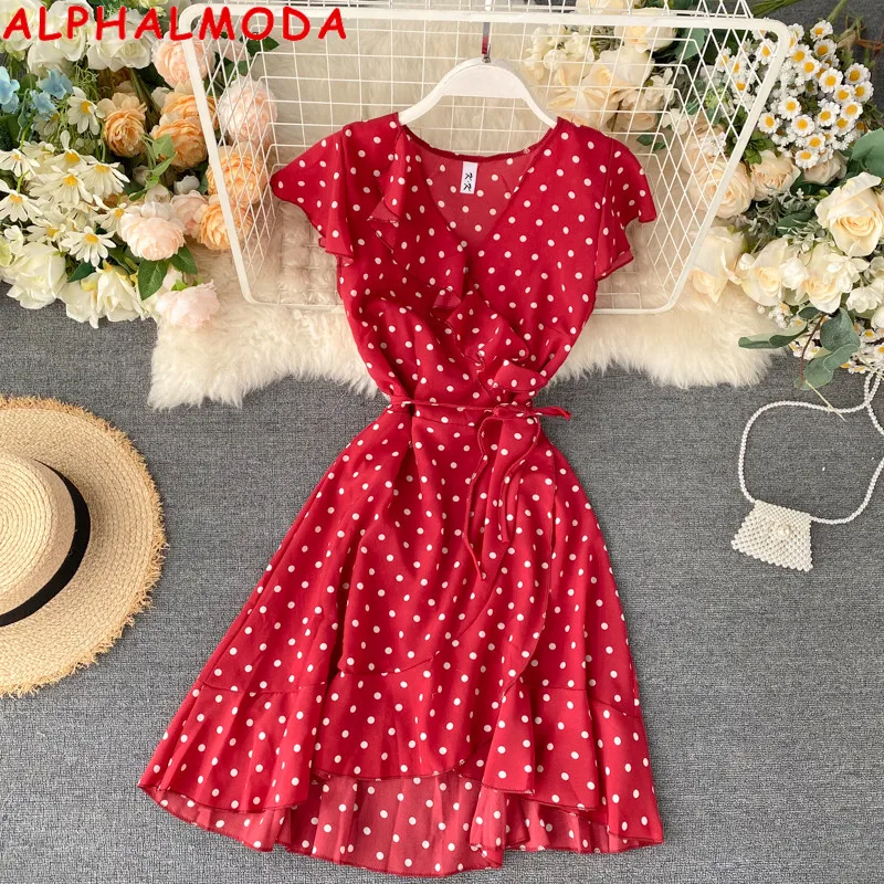 

Женское шифоновое платье ALPHALMODA, с оборками, V-образным вырезом, обтягивающее асимметричное, в горошек, Пляжное, на лето 2020