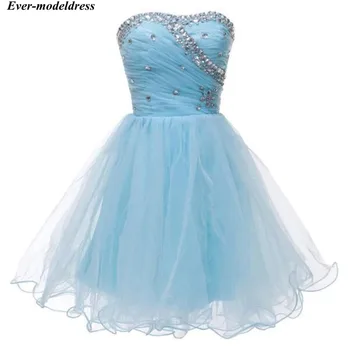 

Sky Blue Short Graduation Dresses 2019 Crystal Sweetheart Pleats Lace Up Back Tulle Homecoming Dress Prom Gowns Cheap