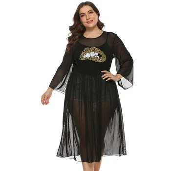 

2020 Spring Women Sexy Black See-through Mesh Sheer Smock Dress Casual Plus Size Tulle Lace Long Summer Sequin Applique Dress