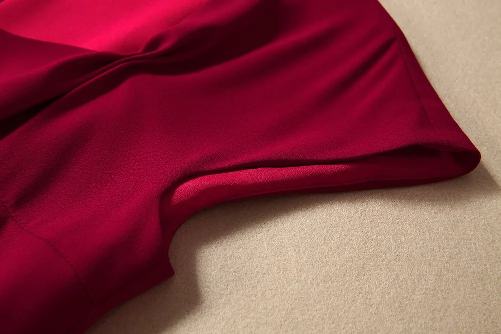 Truevoker Summer Runway Designer Dresses Women's European Short Sleeves Pure Red Mid Calf Length Pencil Vestidos