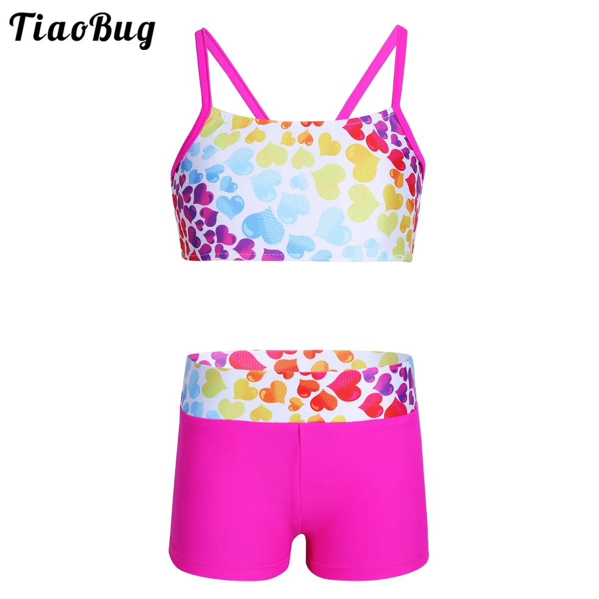 

Summer 2PCS Kids Girls Swimwear Tankini Heart-Shaped Pattern Bowknot Back Swimsuit Bathing Suit Set camisole Tops With Bottoms