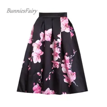 BunniesFairy Весна Мода Хепберн 50-х г Винтаж в ретро-стиле из цветков персикового дерева розовый c бутоном цветка для Цветочный принт Высокая Талия Черная Юбка-миди
