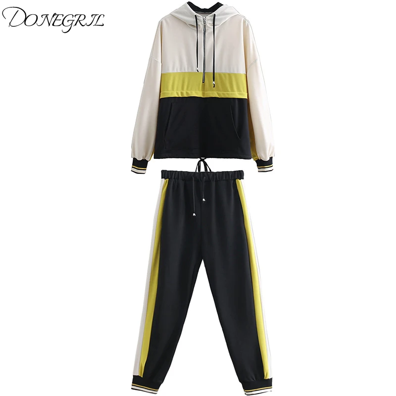 

Women Two Piece Set 2019 Spring-Autumn Patchwork Hoodies Set Oversize Ladies Sweatshirts Set Street-wear Girls tops set