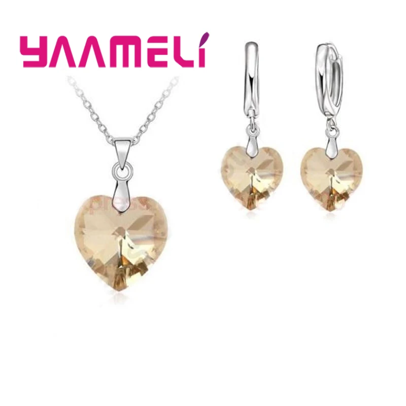 Love Heart Shape Women 925 Sterling Silver Bridal Jewelry Set For Wedding Fashion Crystal Pendants Necklaces Earring Set