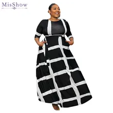 MisShow размера плюс половина рукава черные белые повседневные женские платья 5XL о-образный вырез ТРАПЕЦИЕВИДНОЕ ПЛАТЬЕ макси в полоску для женщин Robe Femme