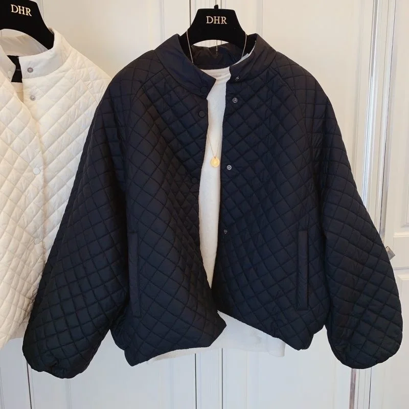 

Куртка женская короткая хлопковая с подкладкой, модная Повседневная парка с карманами, в Корейском стиле, с рисунком ромбиками, свободная верхняя одежда, осень-зима