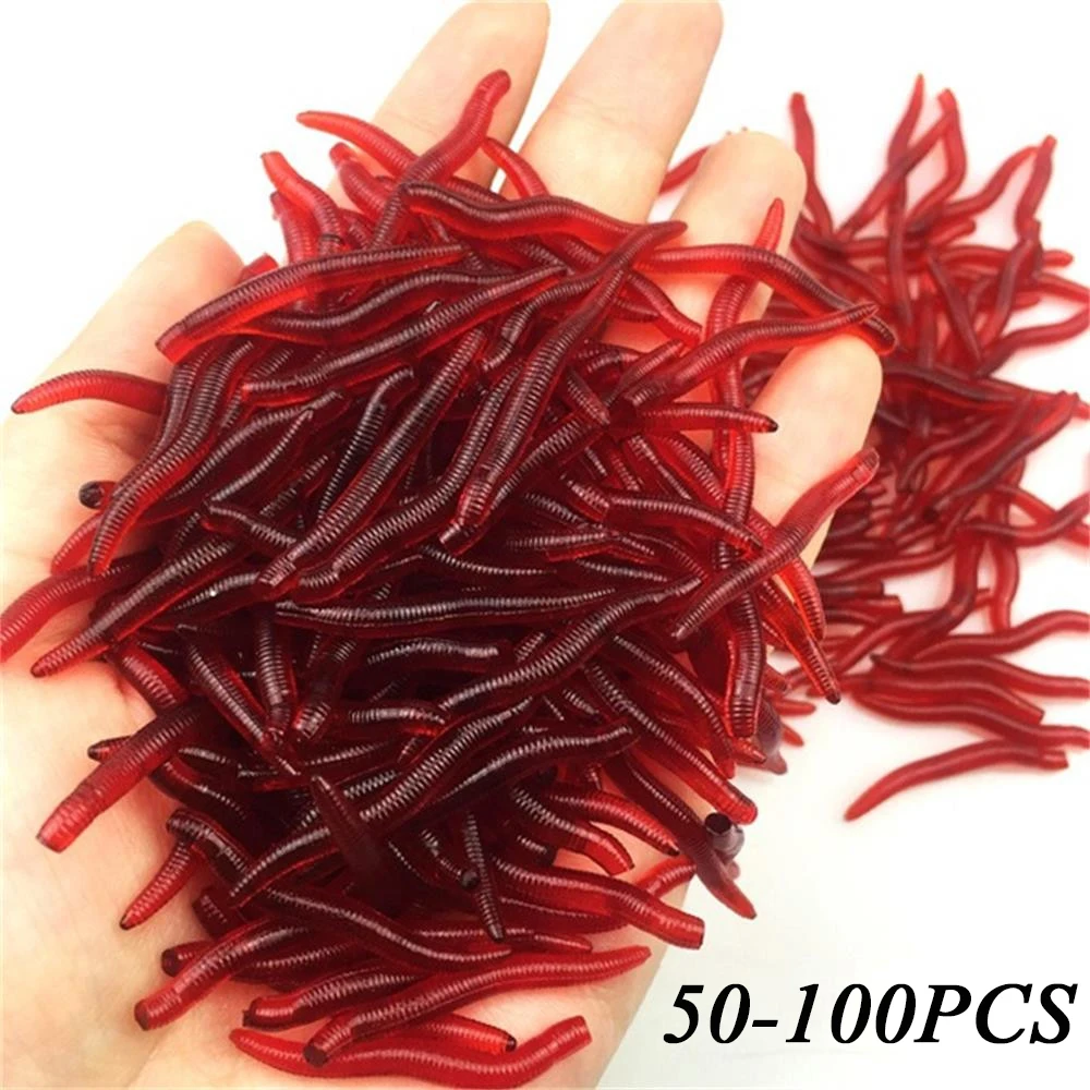 

HobbyLane 50pcs/lot Soft Lure Fishing Simulation Earthworm red Worms Artificial Fishing Lure Tackle Lifelike Fishy Smell Lures