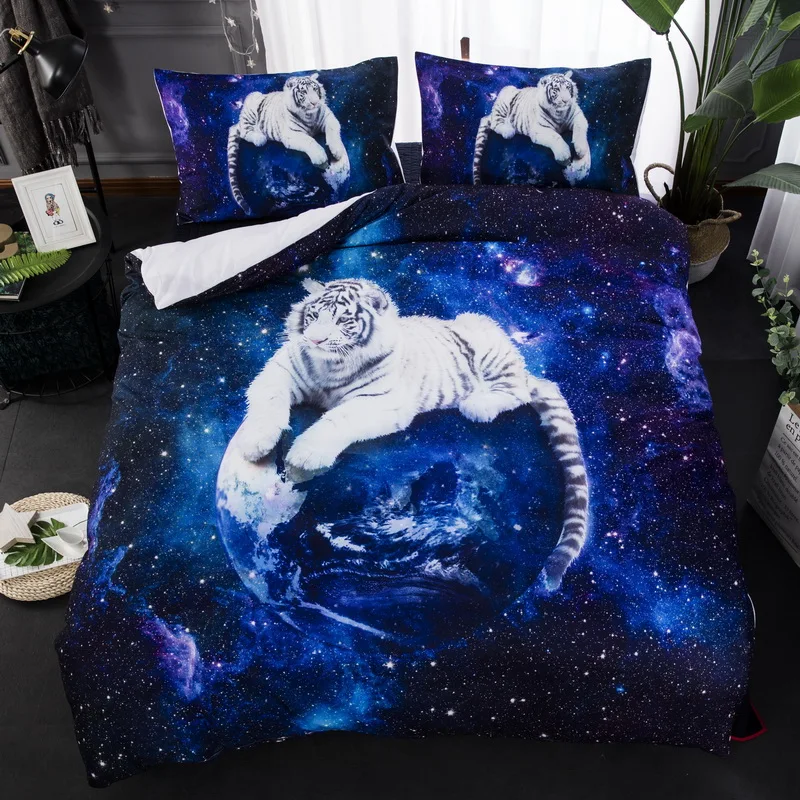 

White Tiger Blue Color Galaxy Bedding Set Animal print Duvet Cover With Pillowcase Twin Queen King Size Bed Set 3pcs Bedclothes