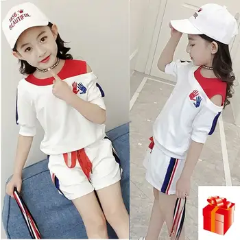 

95% Cotton Girls Summer Suit 2020 Girls O-neck White Short Sleeve + Shorts Sports Two-piece Suit Teenage Girls Fashionable Suit