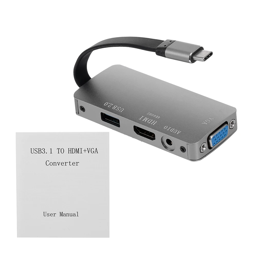 Конвертер USB 3,1 3,0 type-C для HD VGA USB 2,0 с аудиоразъемом для ПК, ноутбука, телевизора, проектора, серый VGA+ аудио+ HD видео конвертер