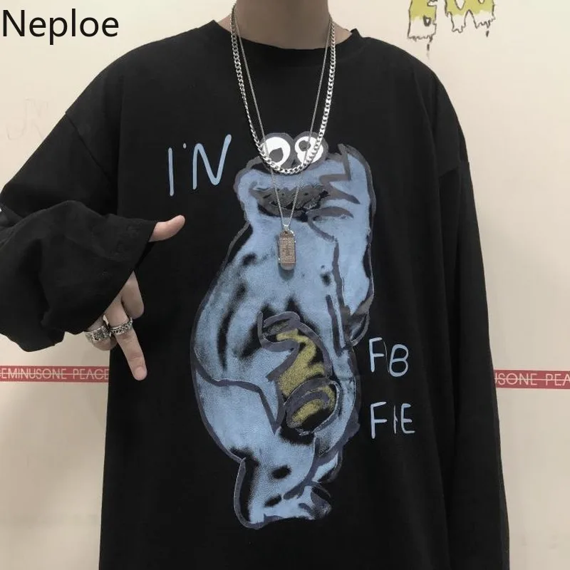 Neploe Ins/Харадзюку Стиль Ретро футболка с буквенным принтом свободные футболки унисекс с круглым вырезом и длинными рукавами с героями мультфильмов Повседневная Весенняя футболка для влюбленных