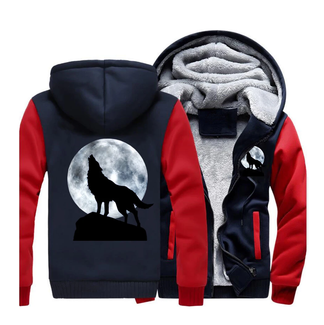 Волк Луна толстовки Мужские Зимние флисовые печати толстые толстовки куртка Hoddie уличная