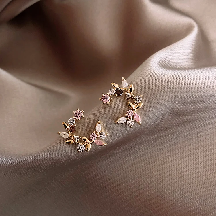 Korean New Design Fashion Jewelry Exquisite Copper Inlay Color Zircon Flower Leaf Garland Women Earrings