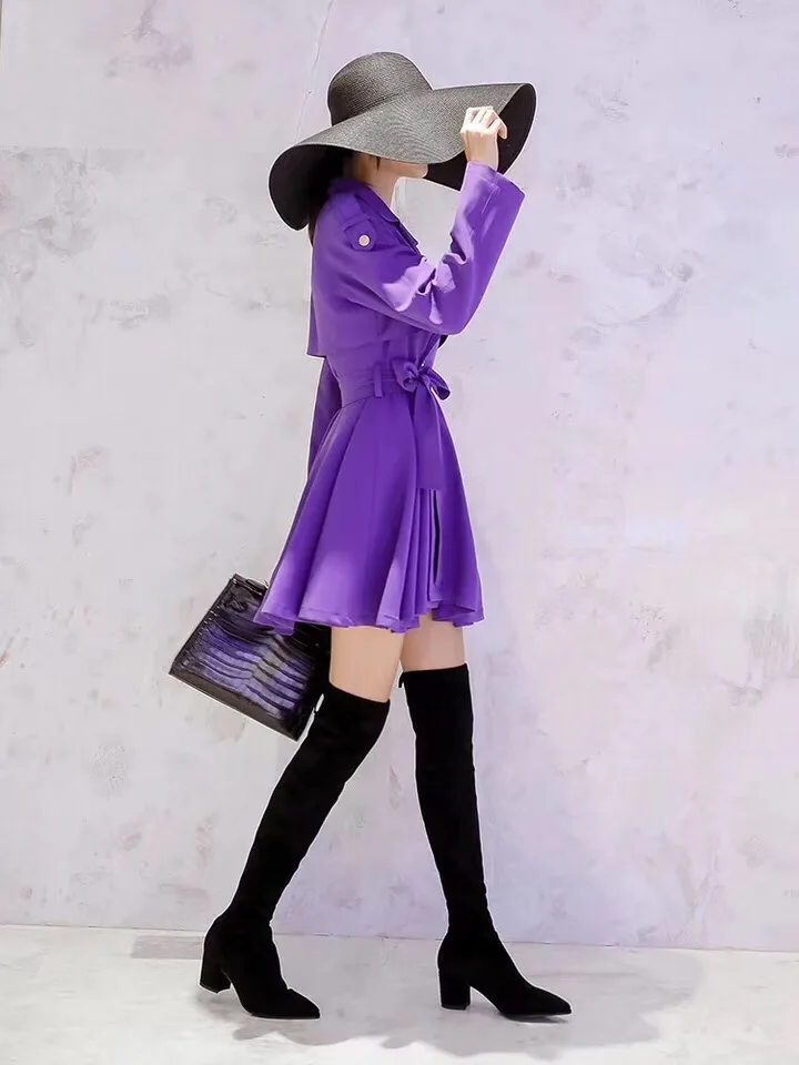 Европейская и американская женская одежда зима стиль длинный рукав двубортный на шнуровке Модный Фиолетовый Тренч