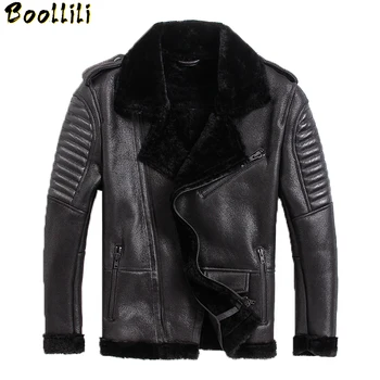 

Boollili Genuine Leather Jacket Men Winter Sheepskin Coat Warm Motorcycle Sheep Shearling Jacket Man Wool Lining coats