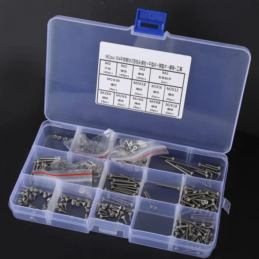 662 Pcs Screw 304 Stainless Steel M2 Socket Cap Head Screw+ Flat Washer+Spring Washer+Nut+Tool Hex Cap Screw