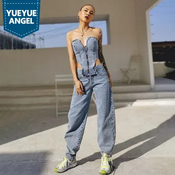 

Design Biker Loose Denim Pencil Pants Women Summer Splice Slim Strapless Jean Jumpsuit Streetwear Sexy High Waist Denim Overalls