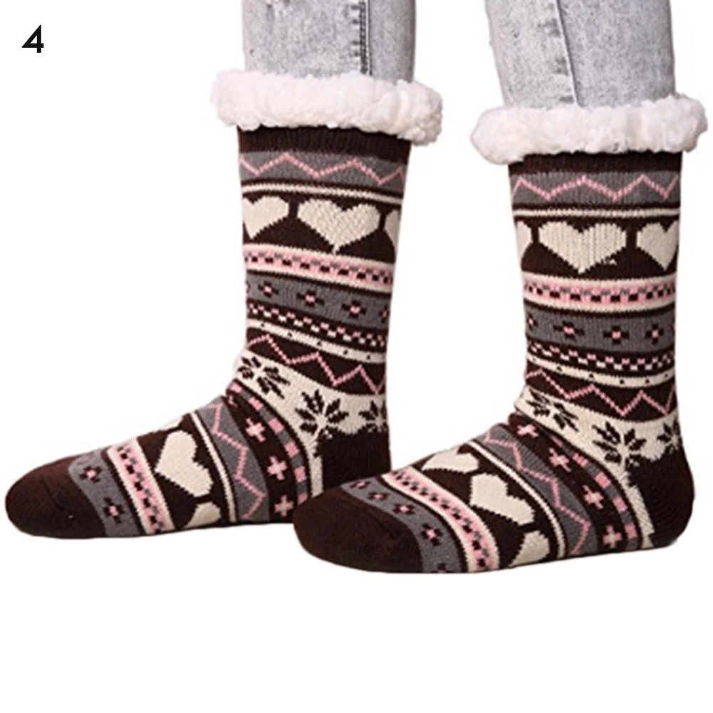 4 1 pair Winter Women Thick Plush Soft Warm Knitted Socks Girls Cozy Fleece-lined Snow Pattern Xmas Gift Floor Socks High Quality - Цвет: 4