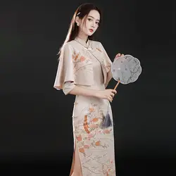 Cheongsam Dress Womens Plus Size Tops 2022 Spring Cotton Blend Prints Stand Collar Split Chinese Style Retro Qipao Dresses Woman