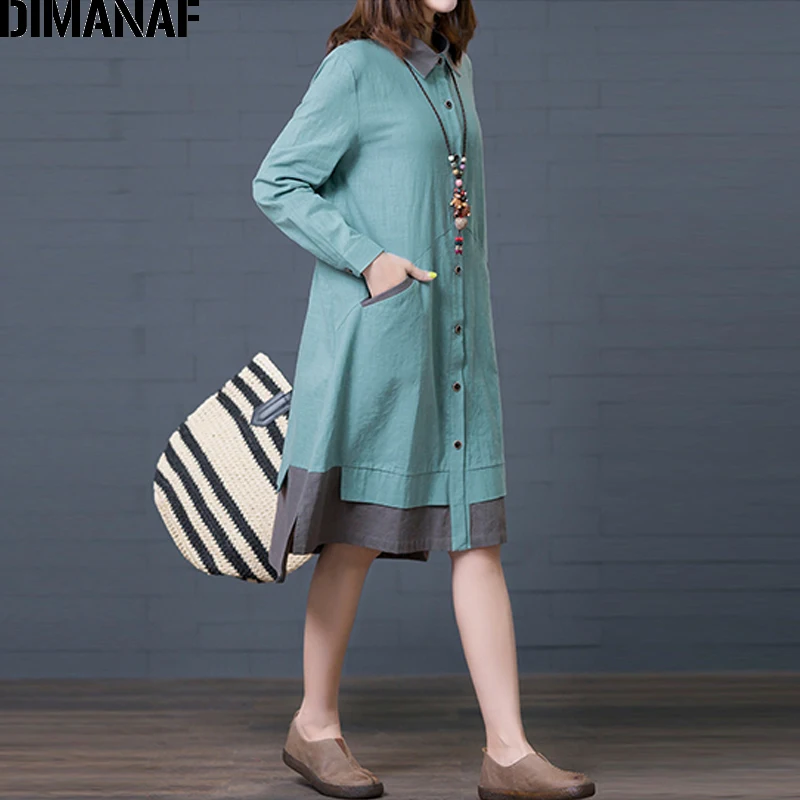 DIMANAF женское платье большого размера Винтажное с длинным рукавом осеннее офисное женское свободное ТРАПЕЦИЕВИДНОЕ женское платье Vestidos хлопковое льняное платье одежда Новинка - Цвет: Ru98837CN-lan