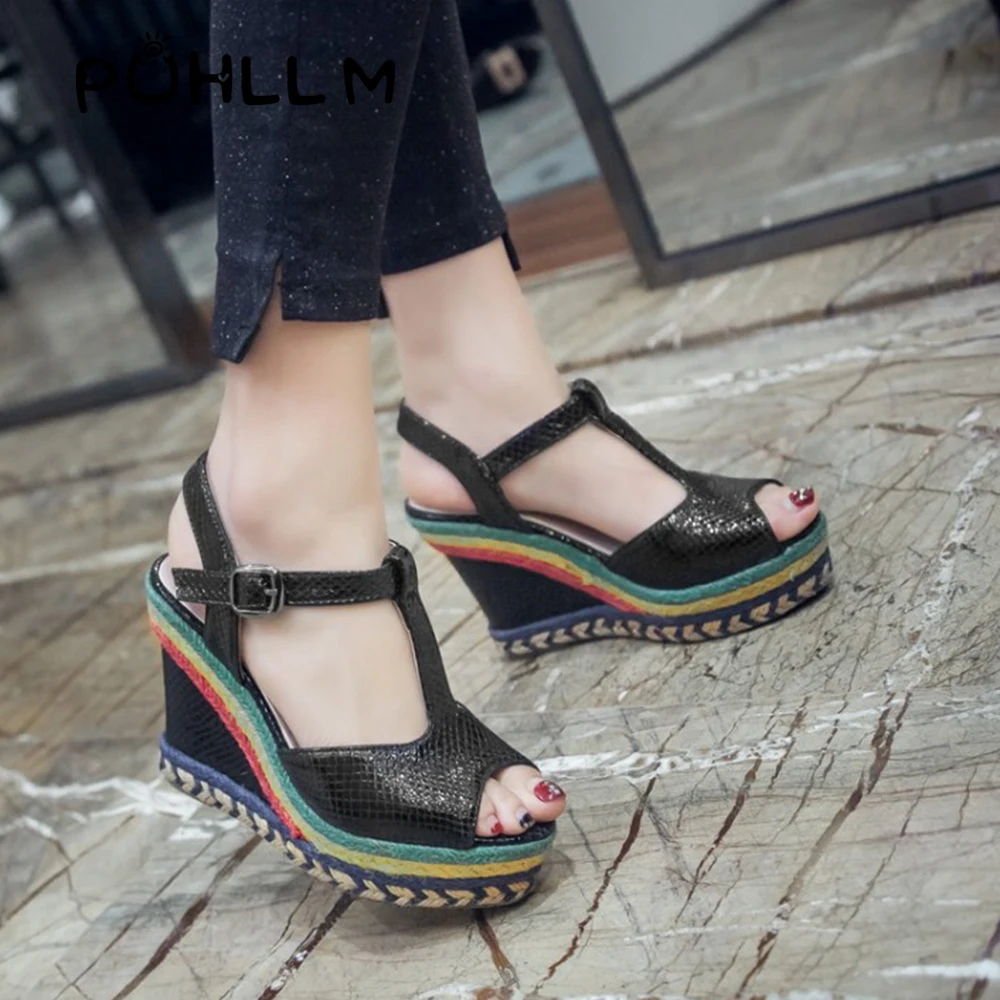 2019 змеиная кожа летняя обувь на танкетке открытый носок сандалии в римском стиле