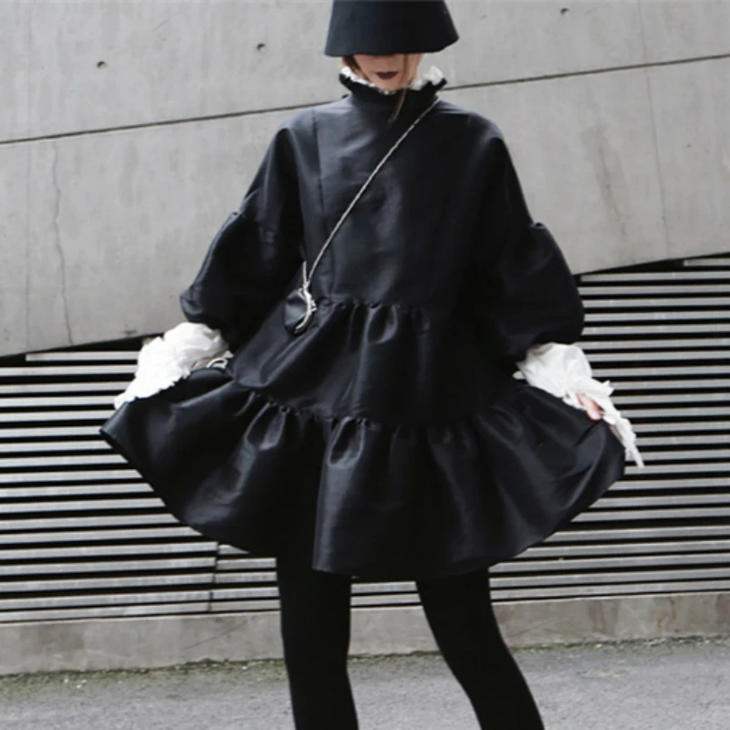 

Female Base Top Coat Gothic Black Lantern Sleeve Jacket Japan Style 2020 Spring Ruffles Hem Plus Size Loose Fit Girls Clothing