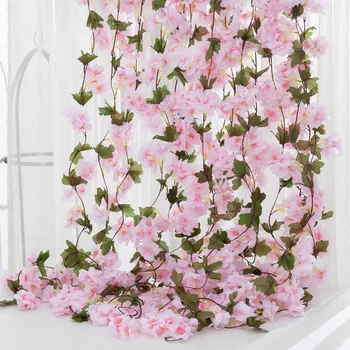 

Artificial Flowers Silk Wedding Arch Fake Sakura Plastic Vine Hanging Ceiling Garland Cherry Blossom Home Pipe Backdrop Decor