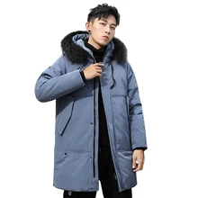 Новинка, зимняя мужская куртка на утином пуху, воротник из настоящего меха, с капюшоном, толстая, теплая, длинная, пуховая парка, мужское пуховое пальто, зимние куртки, Зимняя парка