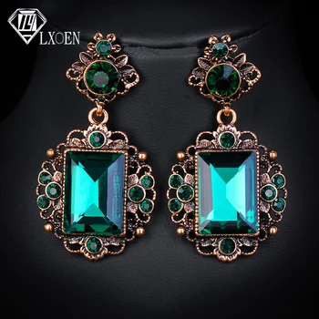 LXOEN Vintage Ethnic Green Stone Drop Earrings for Women with Square Crystal Earings Gift Oorbellen African Earrings