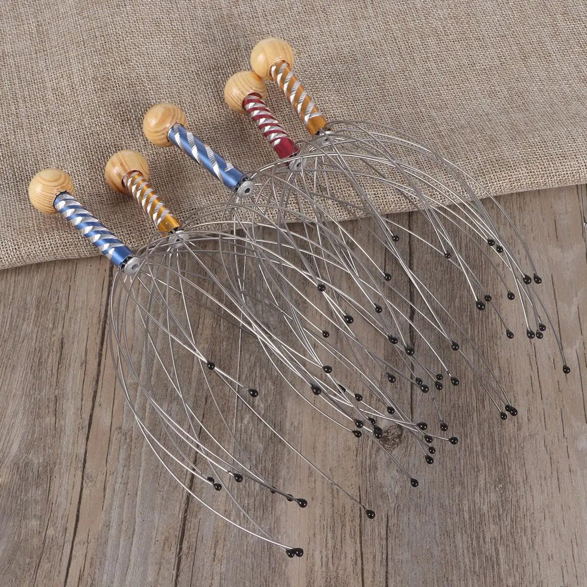 Therapeutic Head Scratcher Steel Wire Head Massager With Wooden Handle