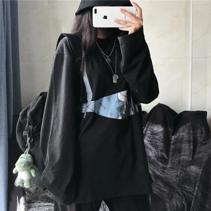 Ulzzang, женская футболка, Корейская одежда, Harajuku, Kawaii, готический аниме, футболка с длинными рукавами, топы, уличная одежда, Femme, графическая футболка