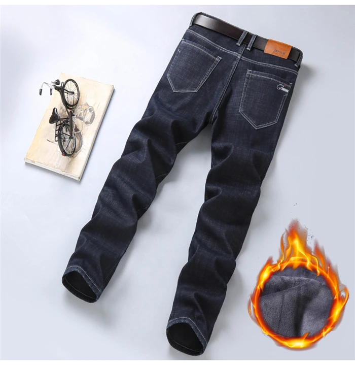 Зимние новые мужские толстые теплые джинсы Большие размеры 40, 42, 44, деловые повседневные Стрейчевые джинсовые брюки мужские Брендовые брюки черный, синий