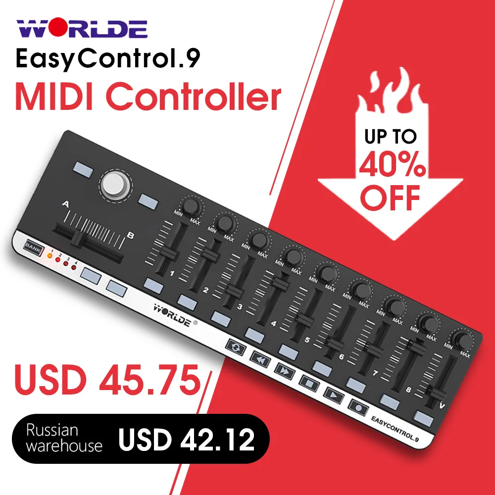 Worlde easycontrol.9 mini usb portátil 9 controlador midi de controle de linha fina