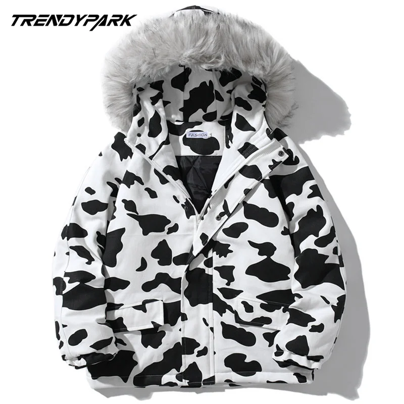 

Men's Winter Warm Jackets Hat with Faux Fur Thick Coat Milk Cow Pattern Vintage Jacket Streetwear Fashion Casual Men Clothing