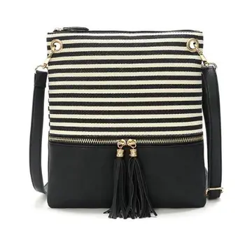 

2020 New Female Canvas Shoulder Bag Ladies Stitching Color Leather Crossbody Bags for Women Fringed Small Messenger Bags