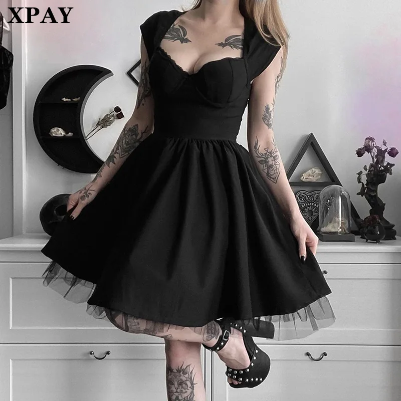 

2020 Summer Sexy Goth Girl Black Dress Women High Waist Chic Streetwear Dark Punk Mesh Patchwork A-Line Dress Female Short Dress