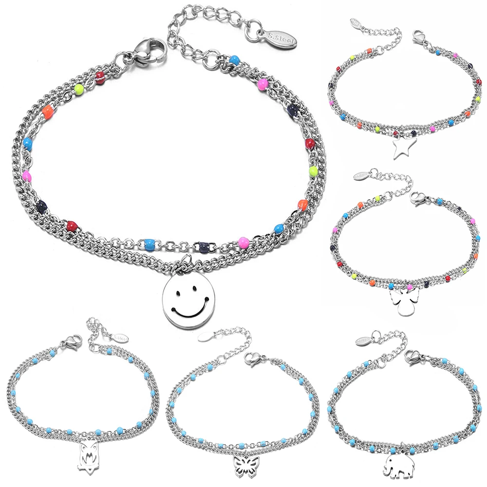New Good Luck Colorful 18CM Adjustable Stainless Steel Bangle Bracelet Double Layer Fashion Simple Couple Bracelet