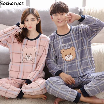 

Pajama Sets Women Kawaii Printed Coral Velvet Warm Thick Round Neck Couples Daily Simple Cute Korean Style Students Harajuku