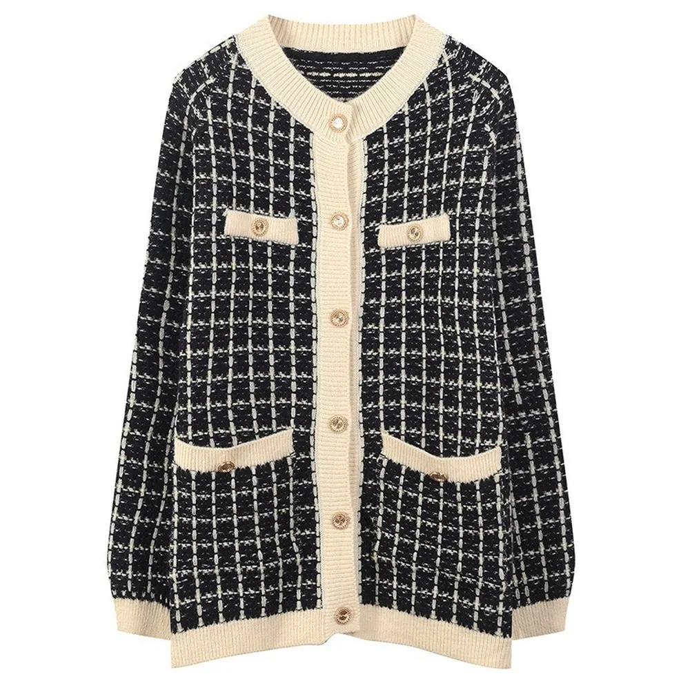 Long Cardigans Sweaters Women 2020 Autumn Winter New Loose Round Neck Houndstooth Print Pockets Knit Sweater Lugentolo |