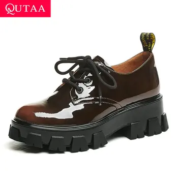 

QUTAA 2020 Square Heel Casua Round Toe Ladies Shoes Platform Lace Up Women Pumps Patent Leather All Match Women Shoes Size 34-39