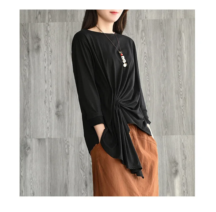 Original Retro Spring Autumn Cotton Women'S T-Shirt Irregular Casual Pullover Tie Pleated Tops Ladies O Neck T-shirt