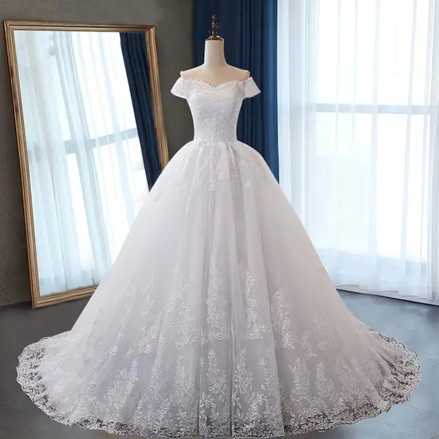 Fansmile 2022 White Off the Shoulder Vestido De Noiva Wedding Dress Train Custom-made Plus Size Bridal Tulle Mariage FSM-630T 1
