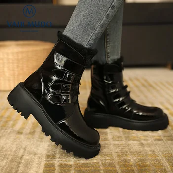 

Ankle Casual Boots Thick Bottom Women Shearling Waterproof Platform Adult Snow Patent Leather Lady Round Toe Winter Shoes WM-X8