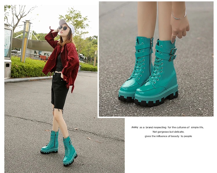 Ботинки в стиле панк; женские кроссовки из лакированной кожи на платформе; сезон осень; ботинки до середины икры на танкетке 10 см; теплые зимние ботинки в байкерском стиле