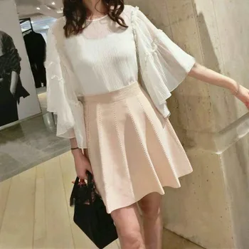 

Cotton Silk Flare Sleeve Women's Shirt Spring Summer Hook Flower Sweet Ruffled Princess Blouse And Top