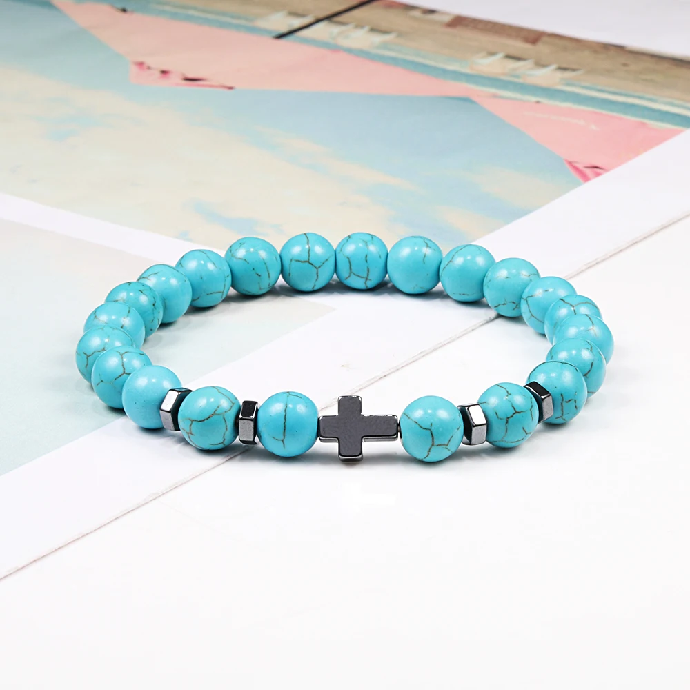 Gebed Mannen Vrouwen Armband Hematiet Cross Rozenkrans Natuursteen Kralen Jesus Onyx Meditatie Armbanden Armbanden Sieraden Gift Pulsera