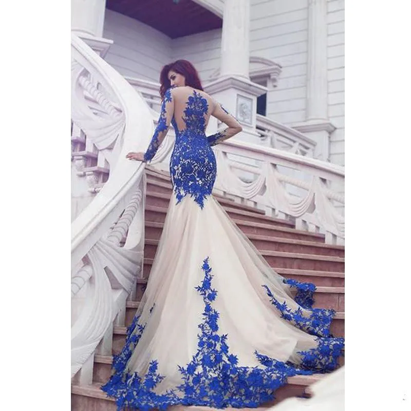 Новое поступление, королевское синее кружевное вечернее платье с длинным рукавом, фатиновые платья для выпускного вечера, платье для выпускного вечера, новейшие платья для выпускного вечера