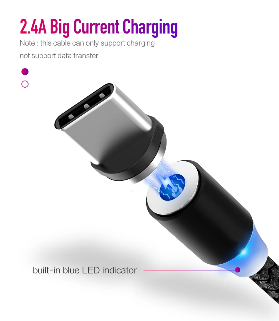 Магнитный кабель в оплетке светодиодный кабель Micro USB type C для iPhone samsung huawei Xiaomi 2.4A провод для быстрого заряда Магнитный телефонный кабель