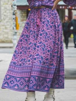 

Boho Long Skirts Women Summer faldas largas mujer Elastic Waist Sashes paisley Print Gypsy Ladies Skirt Female 2020 New Fashion