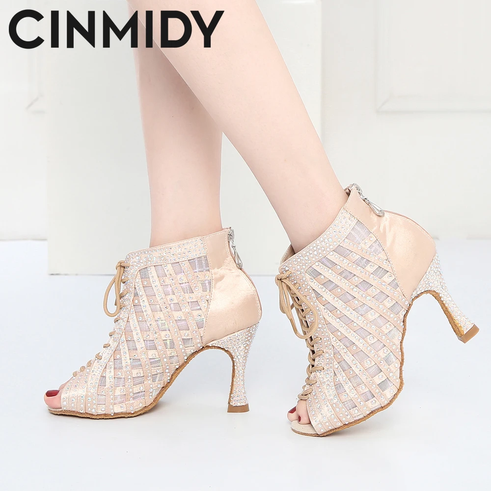 CINMIDY White Latin Dance Boots Samba Salsa Ballroom Dance Shoe Woman Soft Sole Latin Dance Shoe Ladies Mesh High Heel Boots 9CM 5